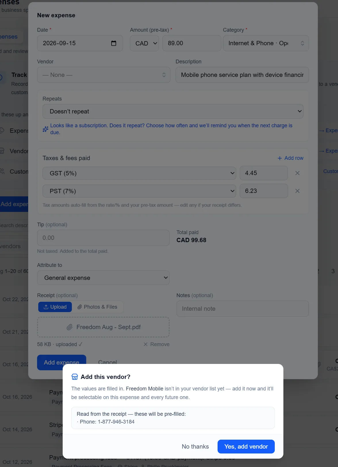 The values filled in, with an offer to add the new vendor