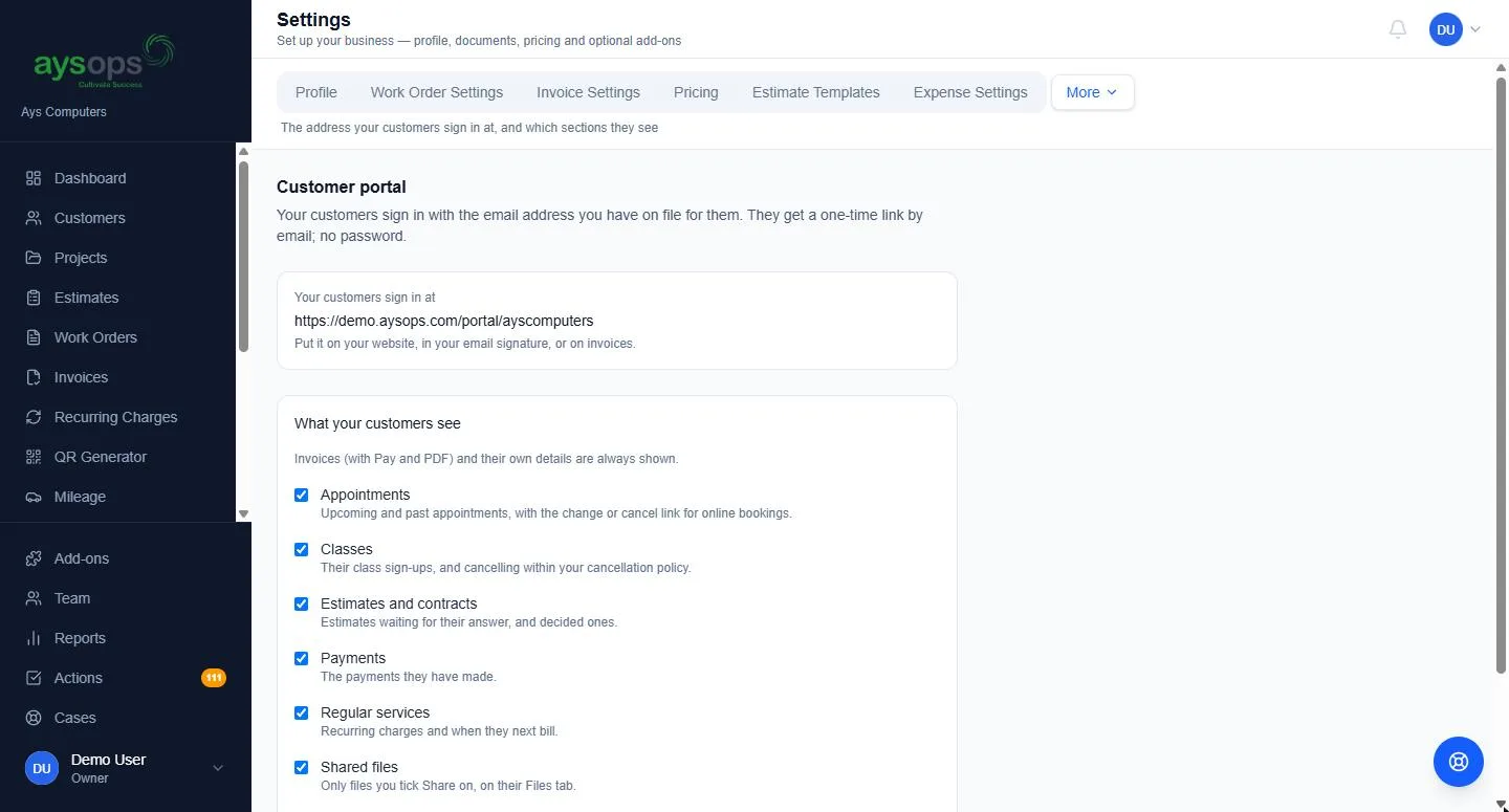 Choose which sections your customers see in their portal