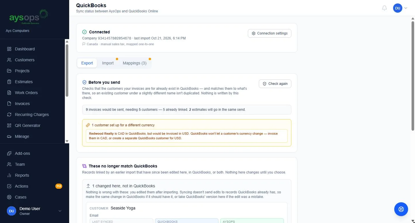 Before you send: a check that catches problems such as a customer set up in a different currency