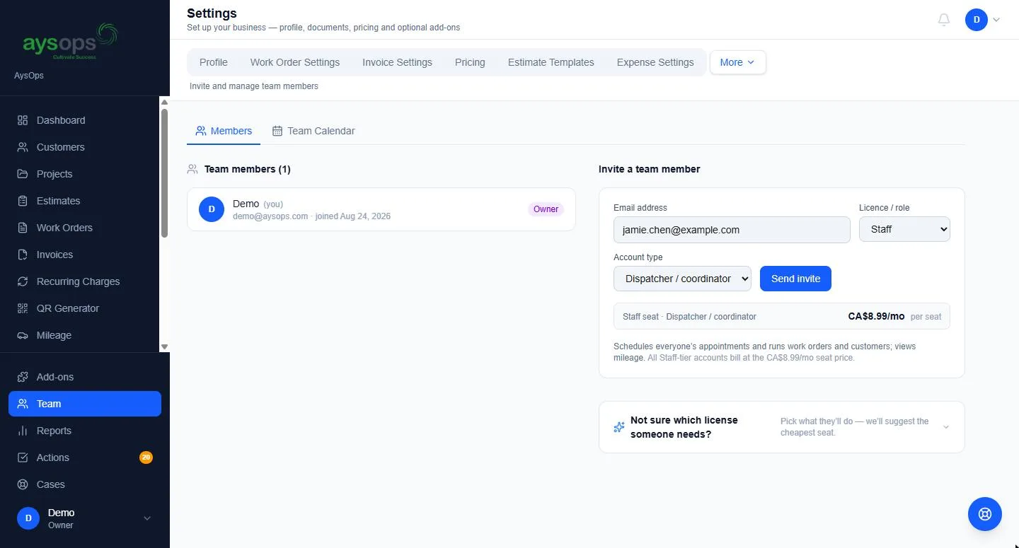 Invite a team member and pick their account type. The seat price shows before you send