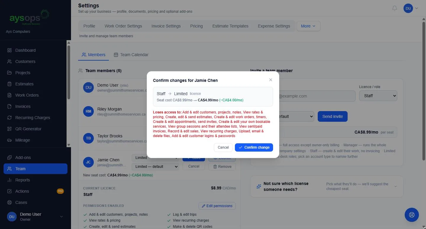 Changing a licence shows the cost difference and every permission they lose before you confirm