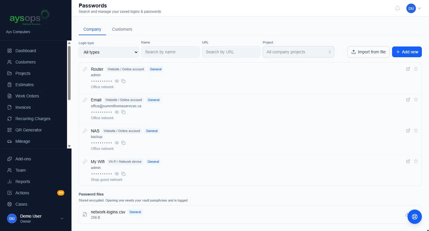 Company logins, filed by type and project