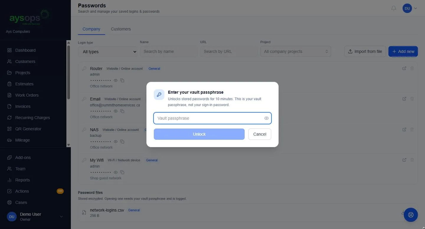 Revealing a password asks for your personal vault passphrase