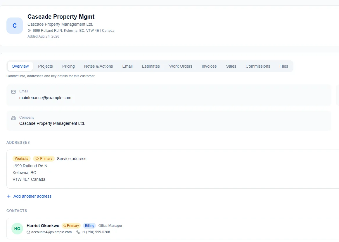 A customer's workspace in AysOps: overview tab with contact info, addresses and contacts, plus tabs for projects, pricing, notes, estimates, work orders, invoices and files