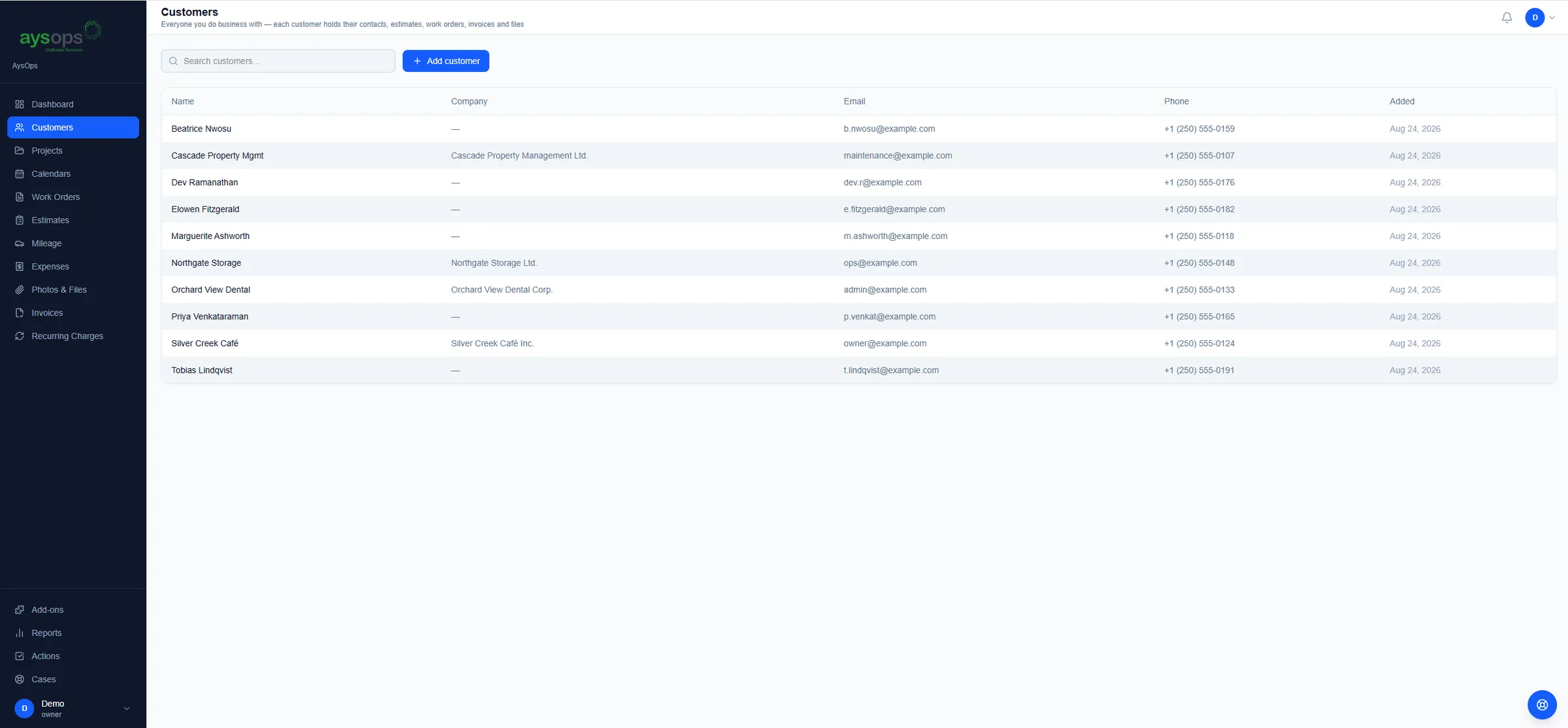 The AysOps customer list: every customer with their contacts, estimates, work orders, invoices and files
